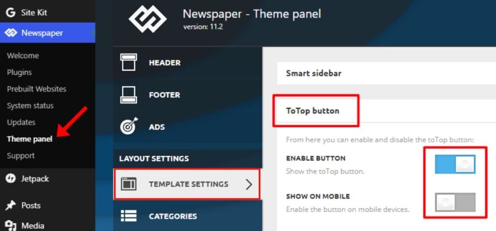 Move to top button option in Newspaper theme