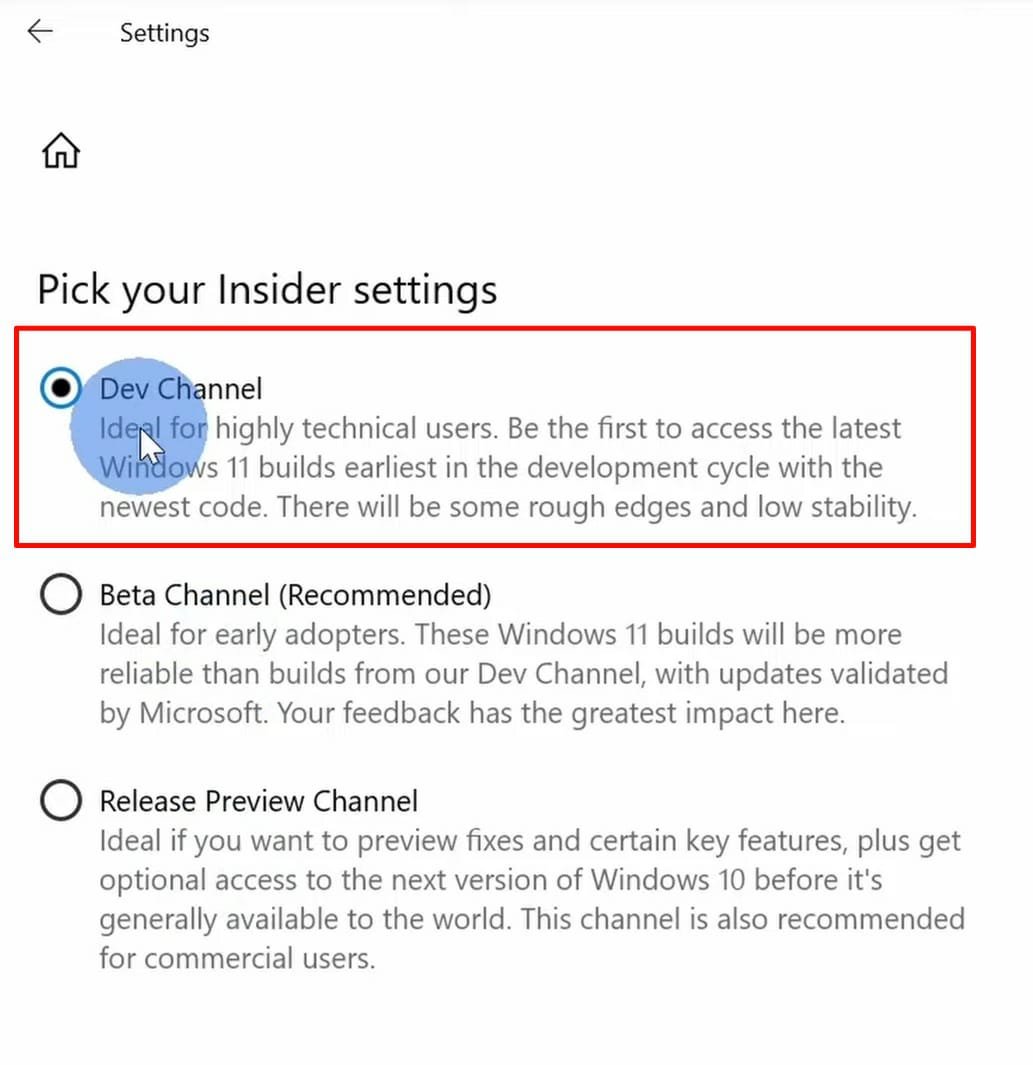 Select developw channel to download the WIndows 11 insider preview now
