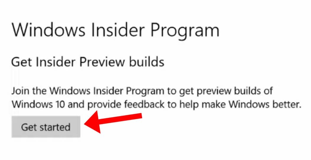 Showing Windows insider get started page