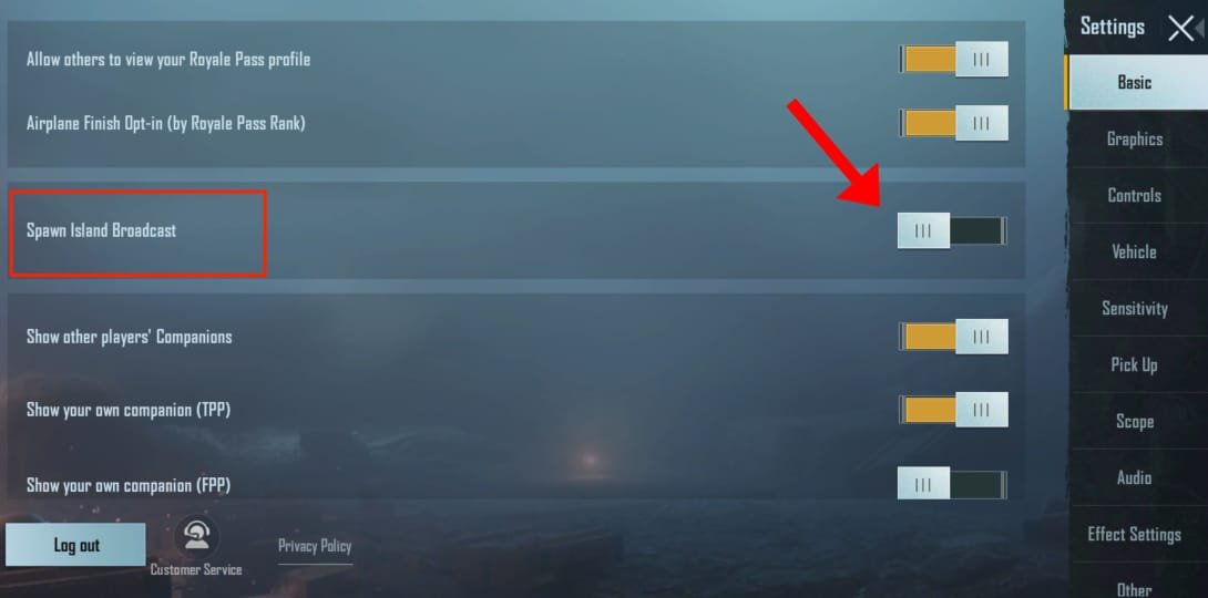 How to disable spawn island broadcast sound in BGMI