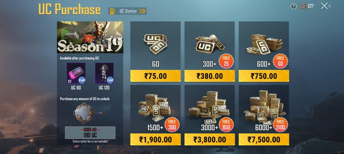 UC selection with Price in Pubg mobile/BGMI