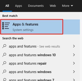 Opening Apps And Features to Uninstall Nox Player