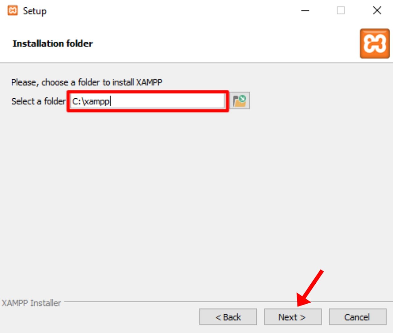 Choose location to install xampp
