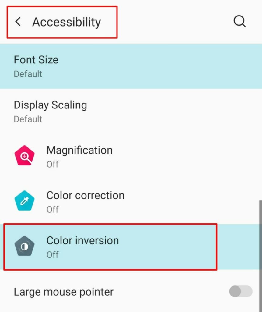 Color inversion setting option in accessibility