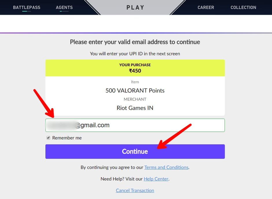 Enter Mail Valorant UPI Payment Page
