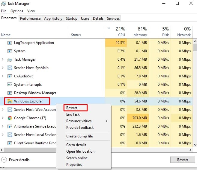 Restarting windows explorer
