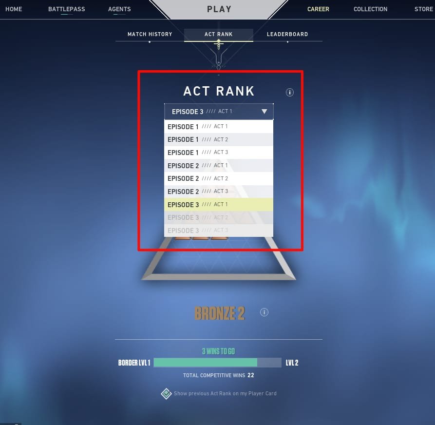 See older or Previous act rank in Valorant