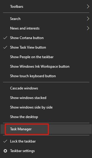 Task Manager Option By Right Click on the Taskbar