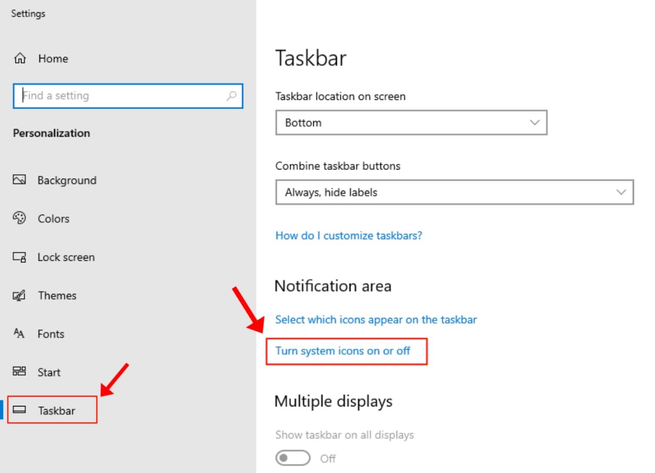 Taskbar show System Icon on or off setting