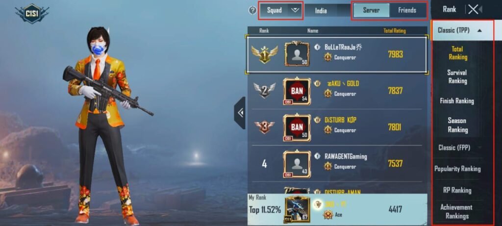BGMI all top players list page
