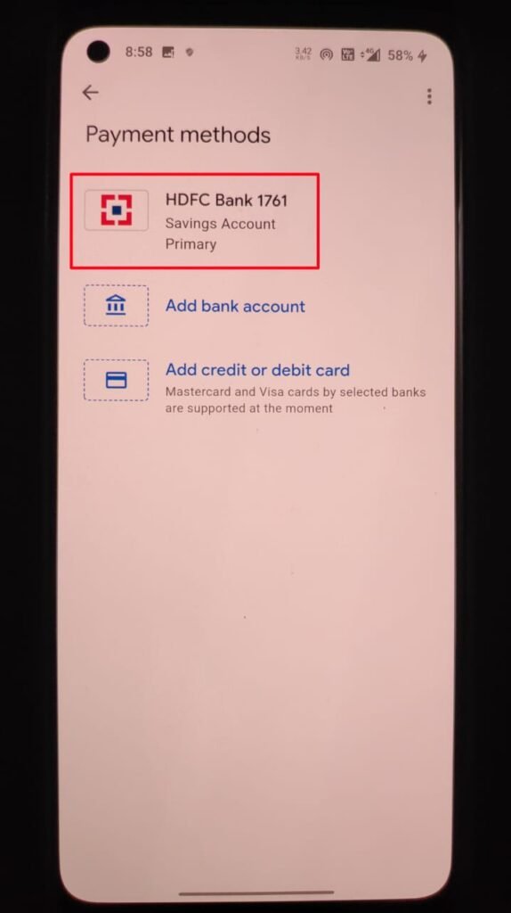 Bank Account page in google Pay