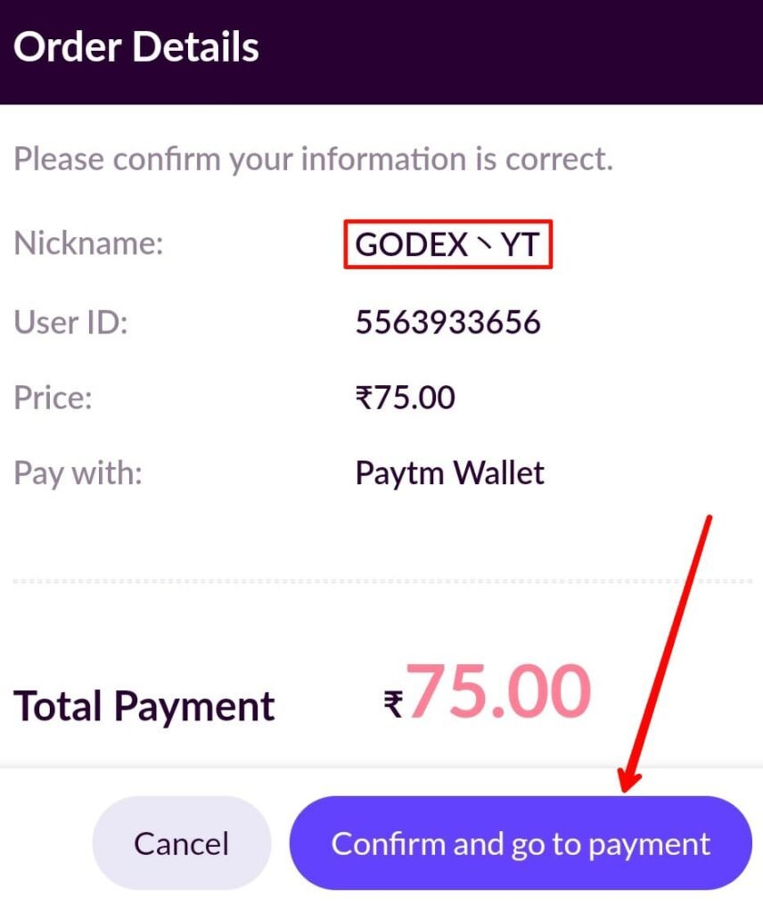 Deatils and Confirm and go to payment page codashop for BGMI UC