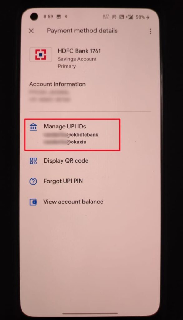 Google Pay manage UPI id Page