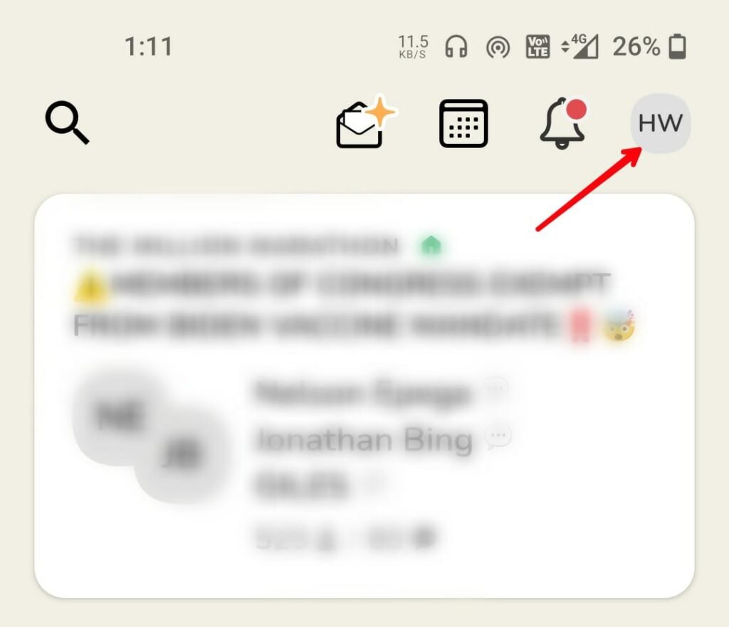 Profile icon at top right in Clubhouse