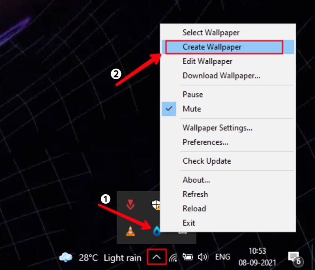 Rainwallpaper software icon on taskbar arrow icon