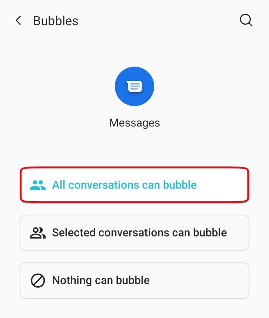 All conversations can bubble option messgae app from google