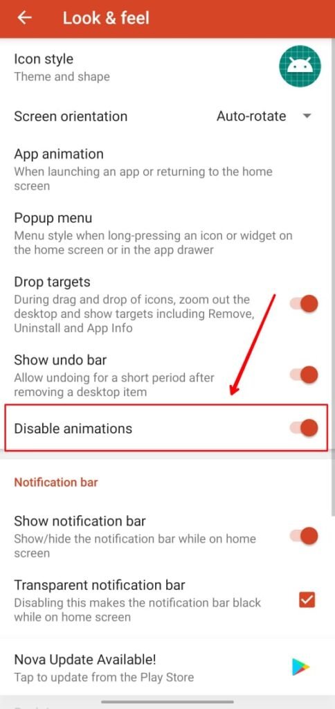 Nova Launcher Disable Animations Setting Option