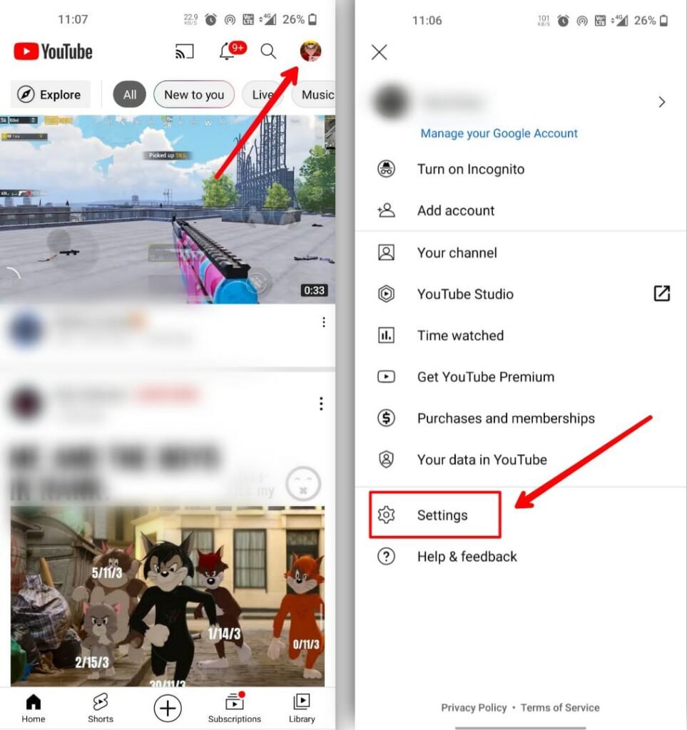 Youtube profile and setting option