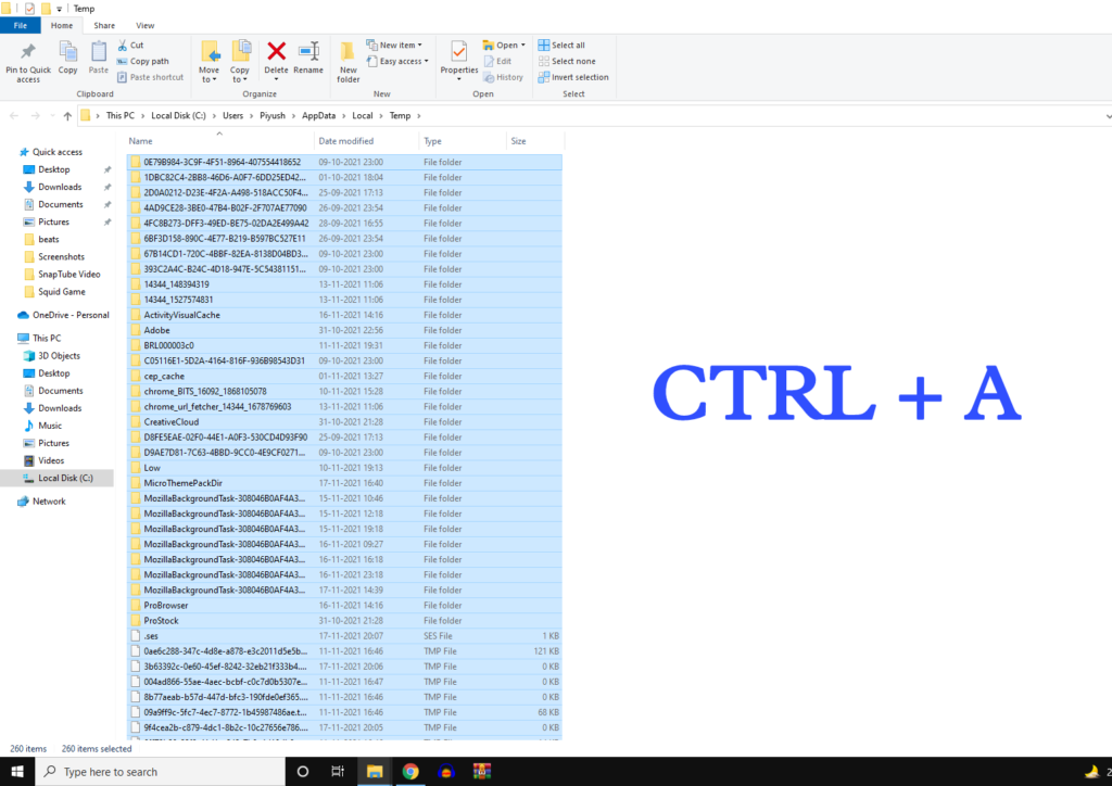 Control +A to select all temporary files
