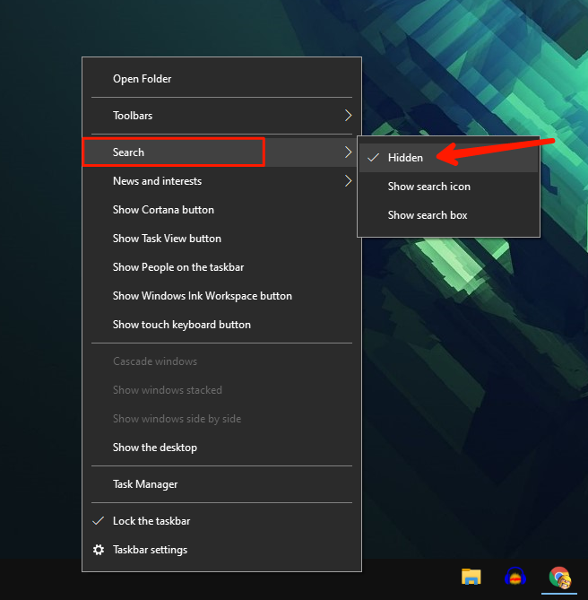 Search box hidden option windows 10