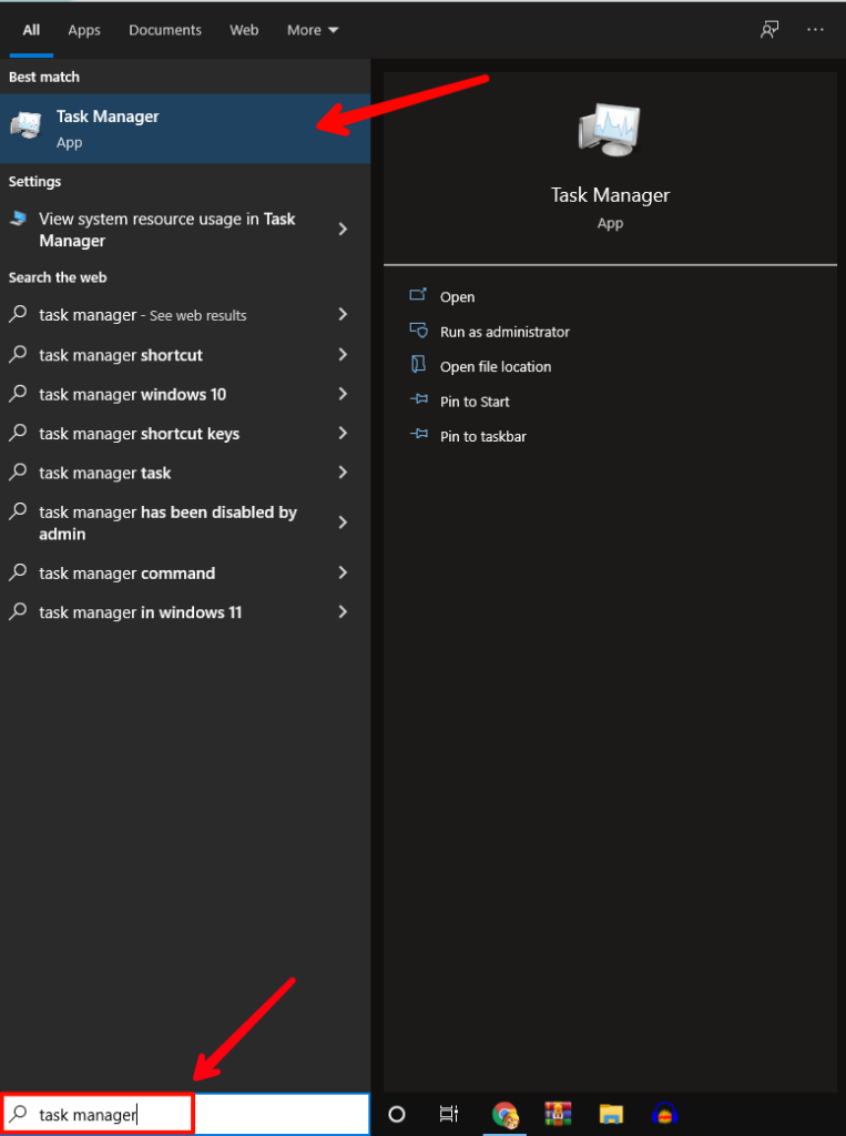 Searching task manager on windows