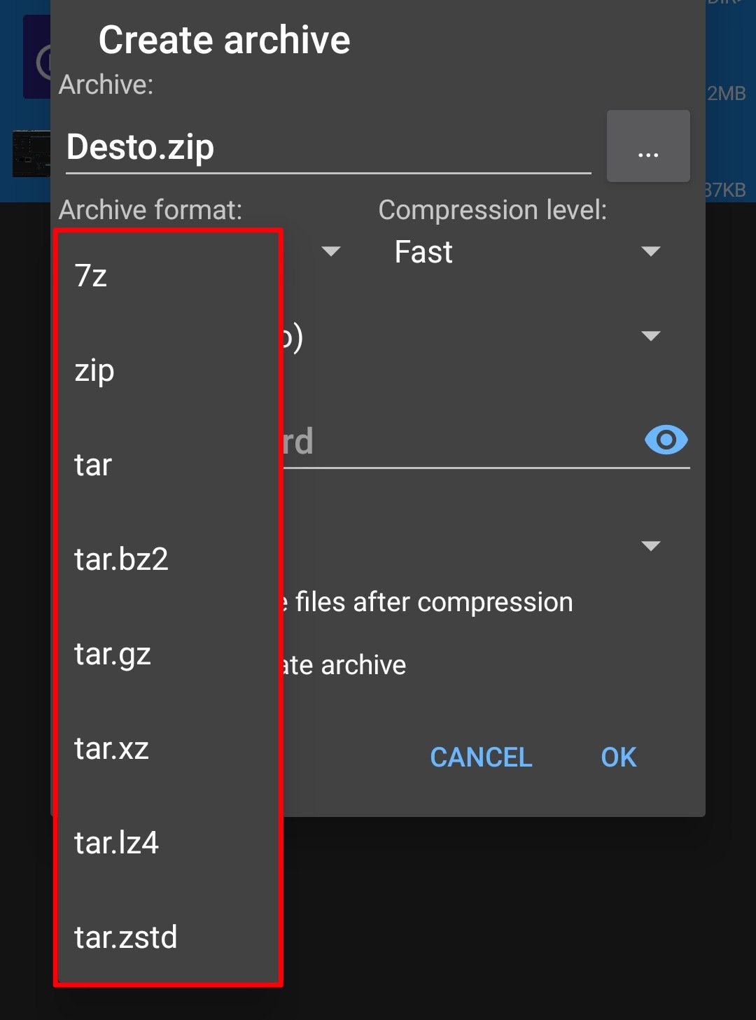 Choose archive file type