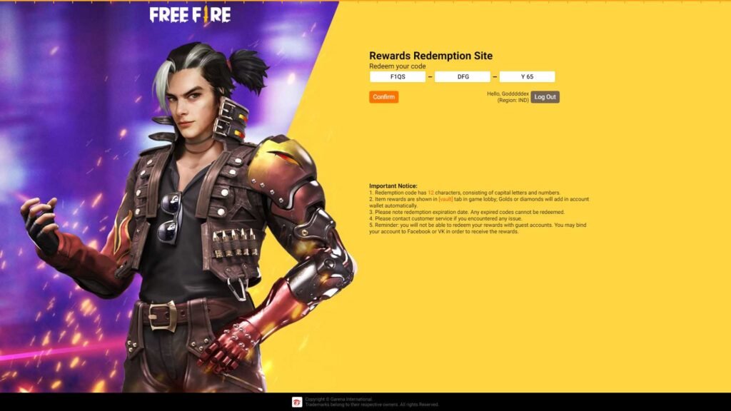 Free Fire Redeem Code Confirm Page
