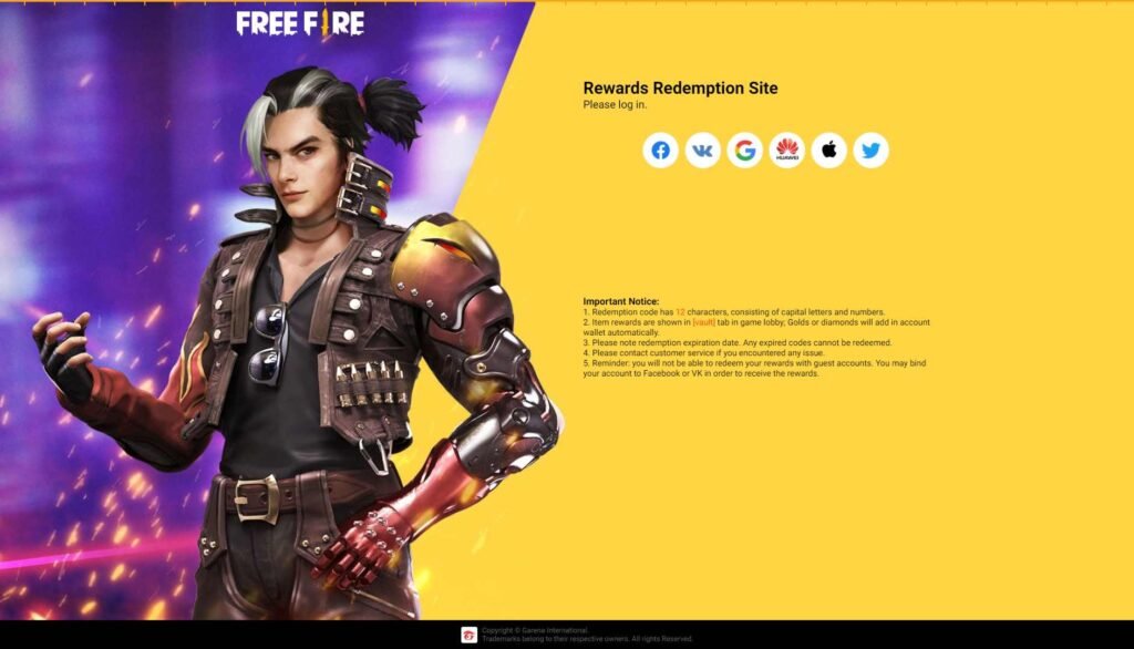 Free Fire Redeem Code Page