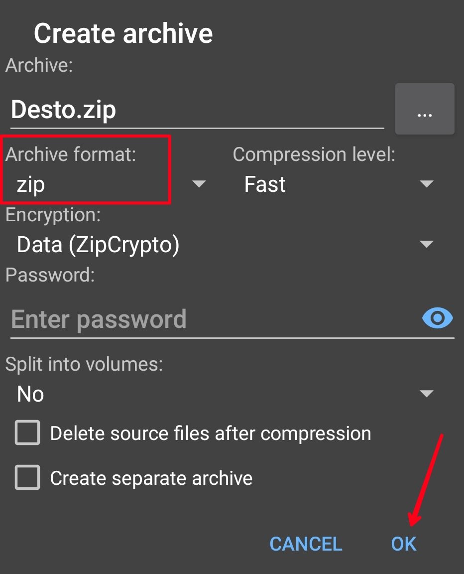 Making Zip Archive in ZArchiver