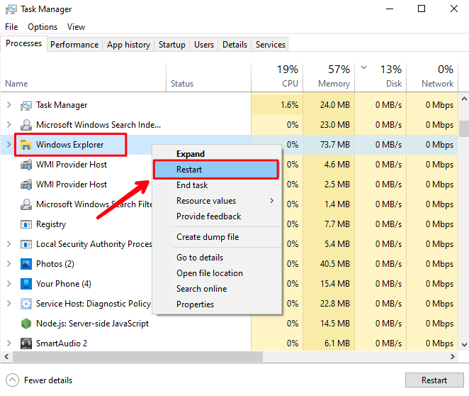 Restart Windows Explorer in Task Manager