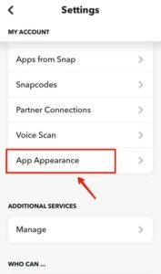 App appearance option in Snapchat settings
