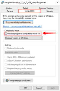 Compatibility mode setting for netspeed meter windows