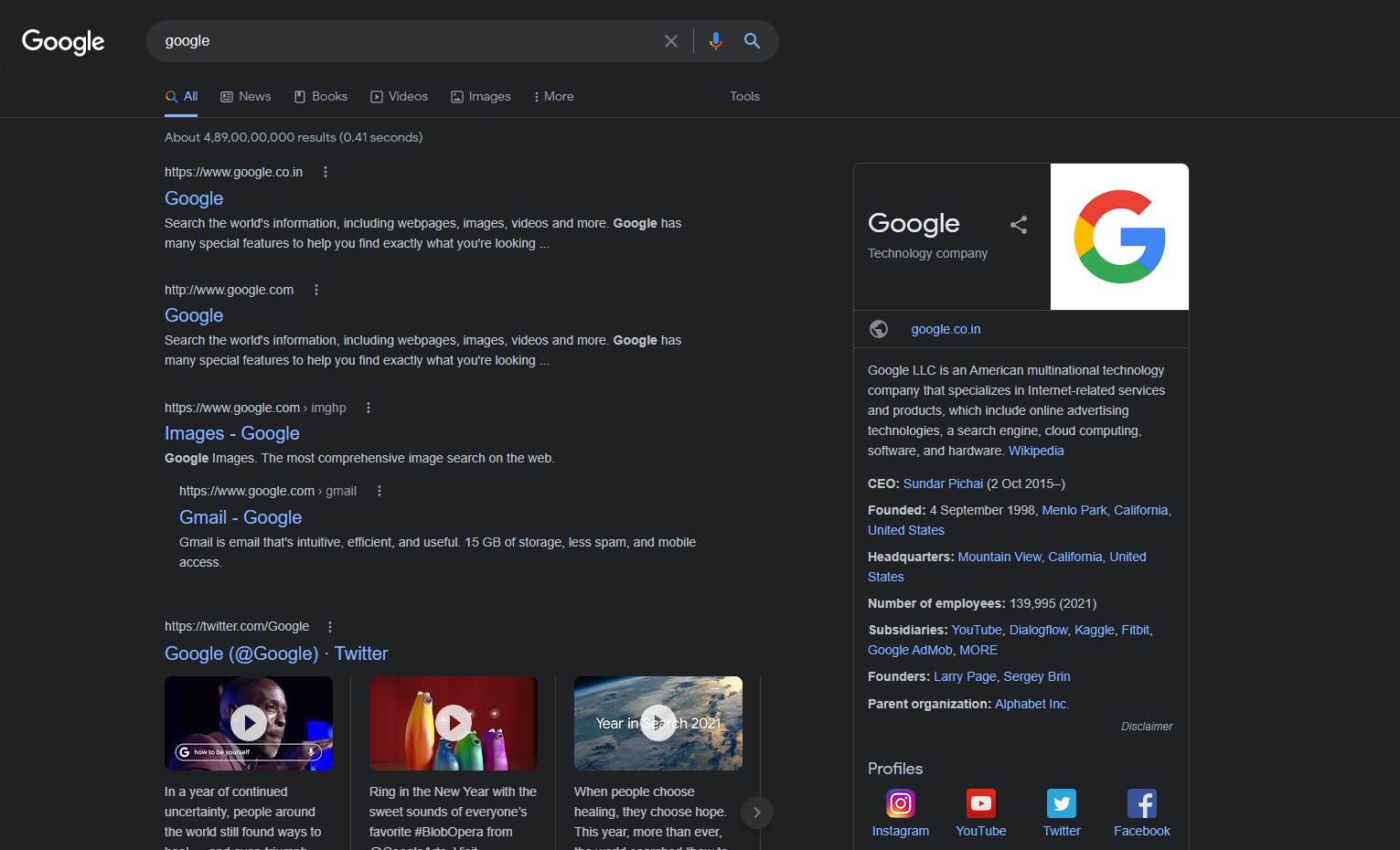 Google search results in dark theme