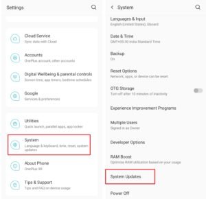 System and System Updates Option on OnePlus Phones
