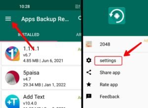 Three dot menu and settings in app backup and restore