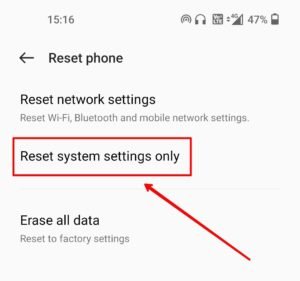 reset system settings only option in oxygenos-compressed