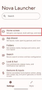 home screen option in nova launcher settings