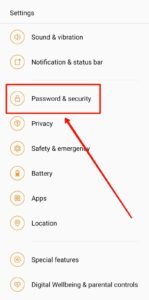 password and security option on oneplus phone settings